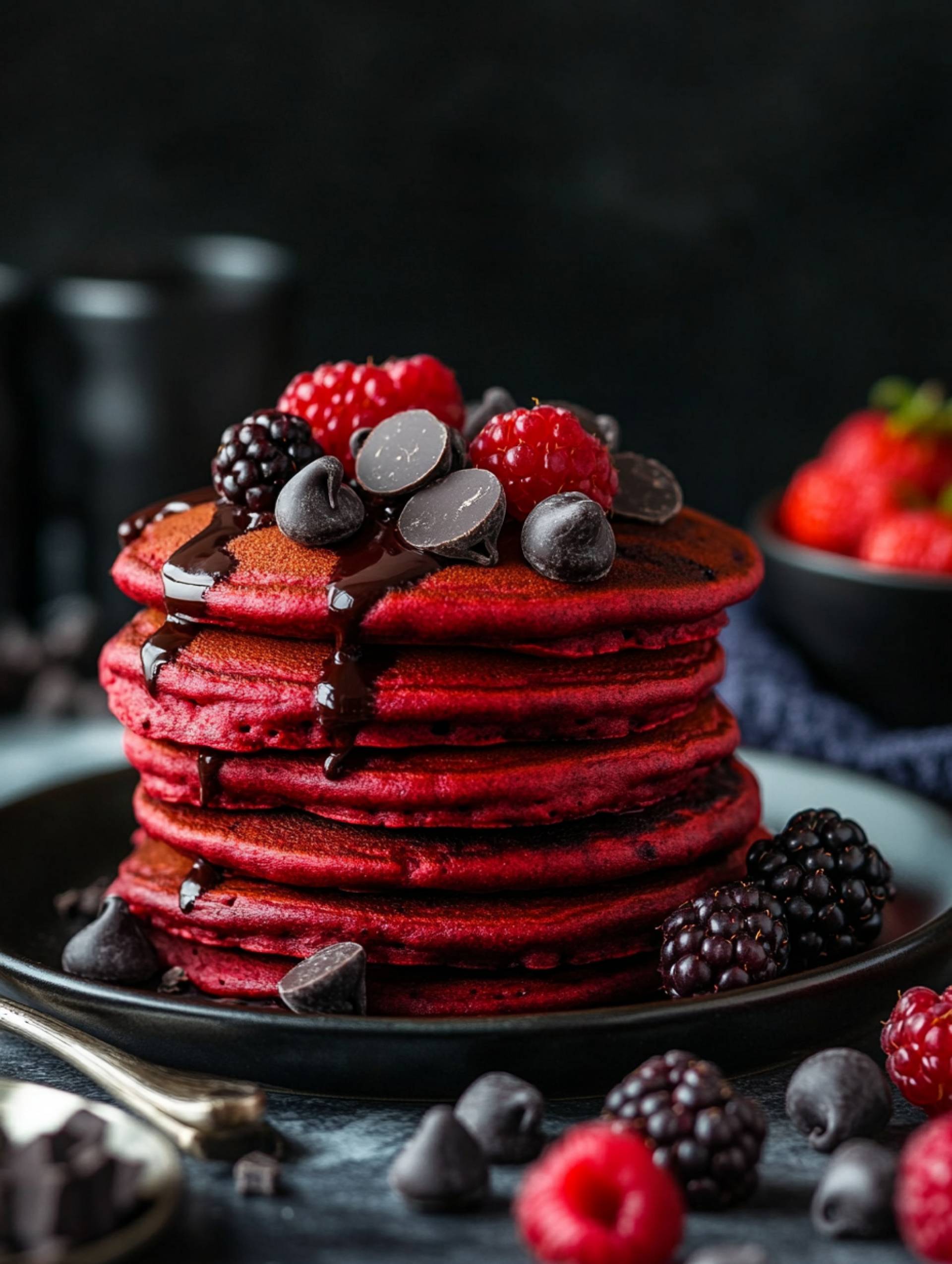 Red Velvet Chocolate Chip Protein Pancakes