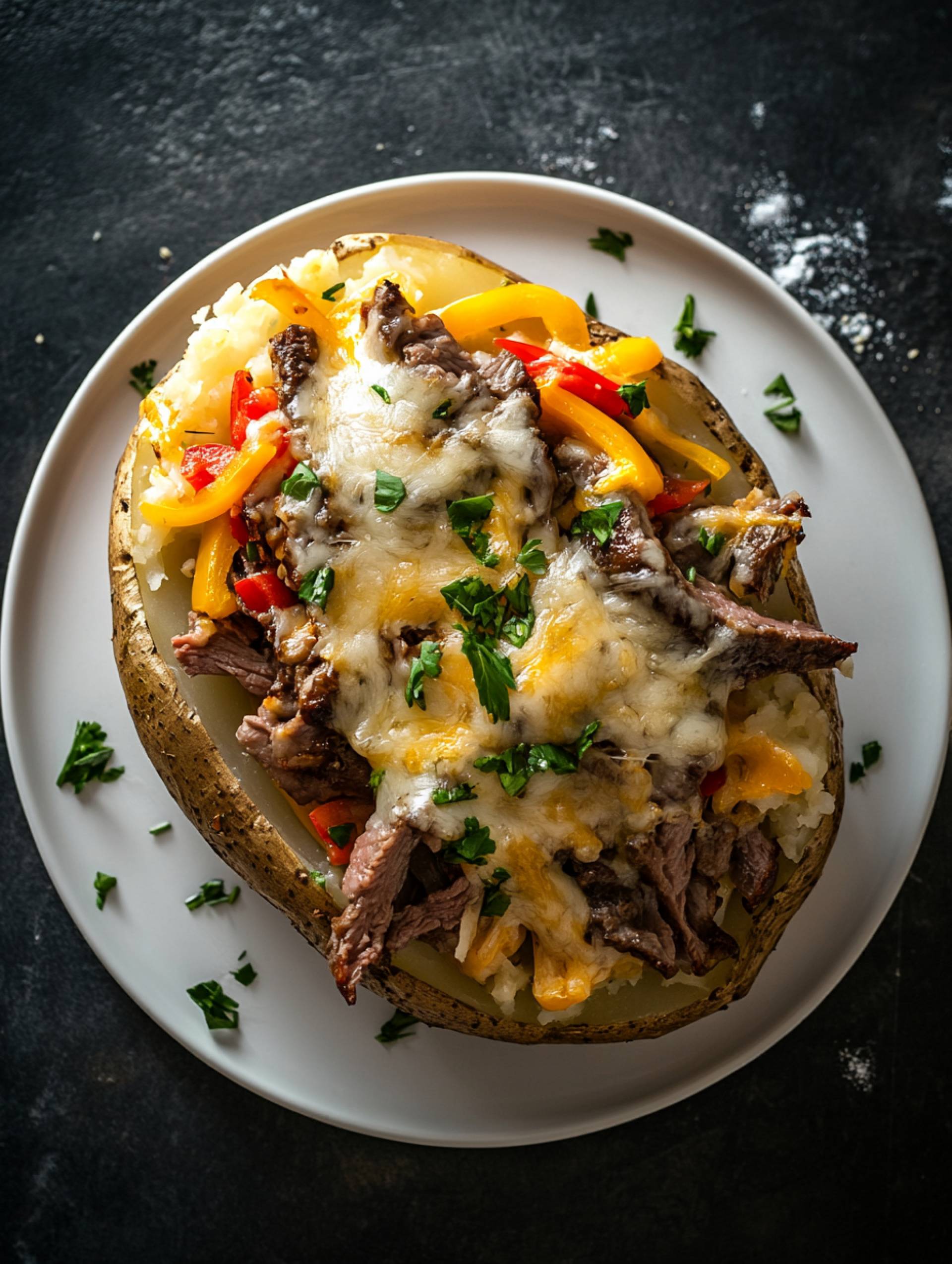 Loaded Philly Cheesesteak Baked Potato