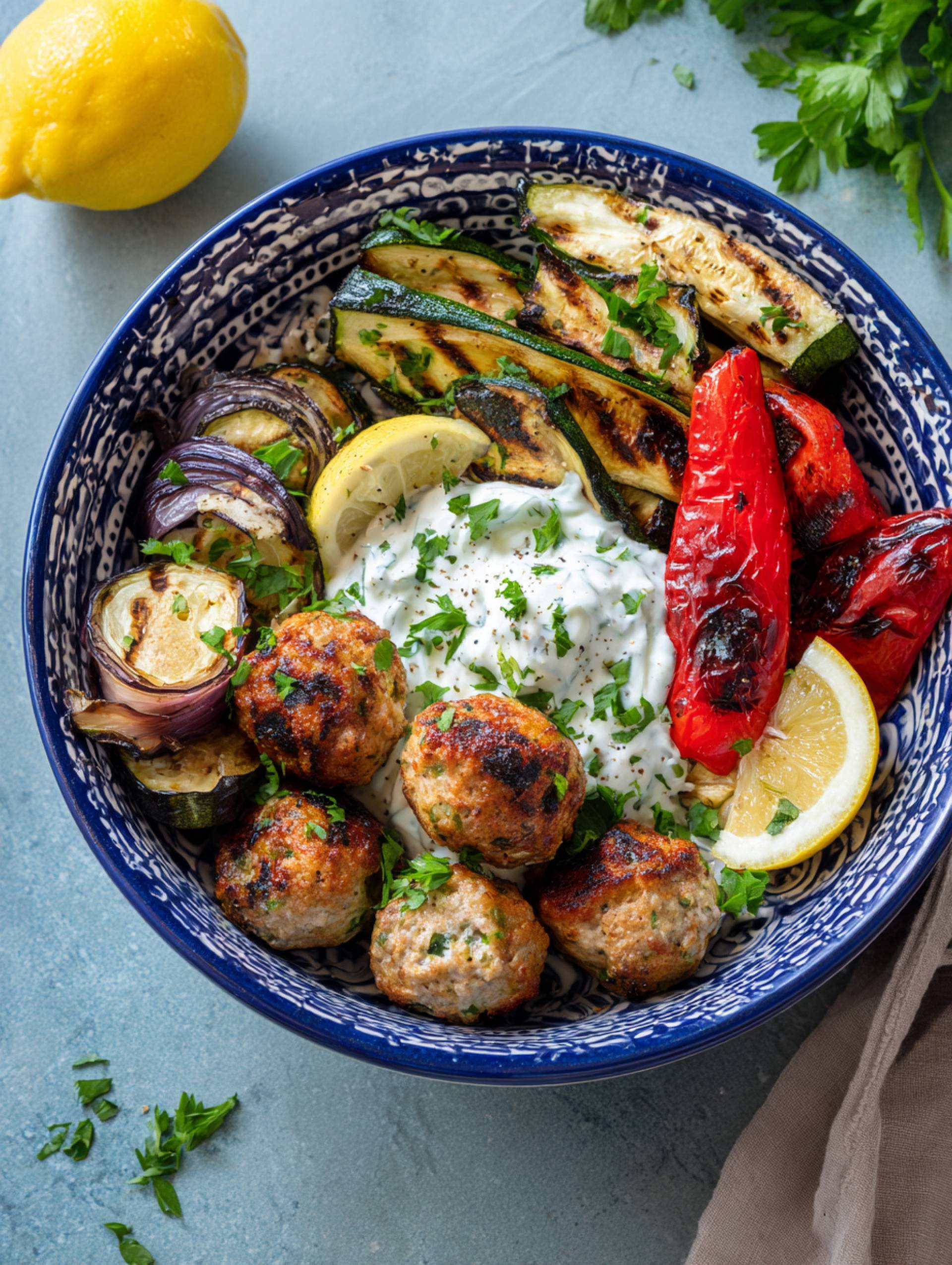 Mediterranean Chicken Meatball Bowl [Low Carb]
