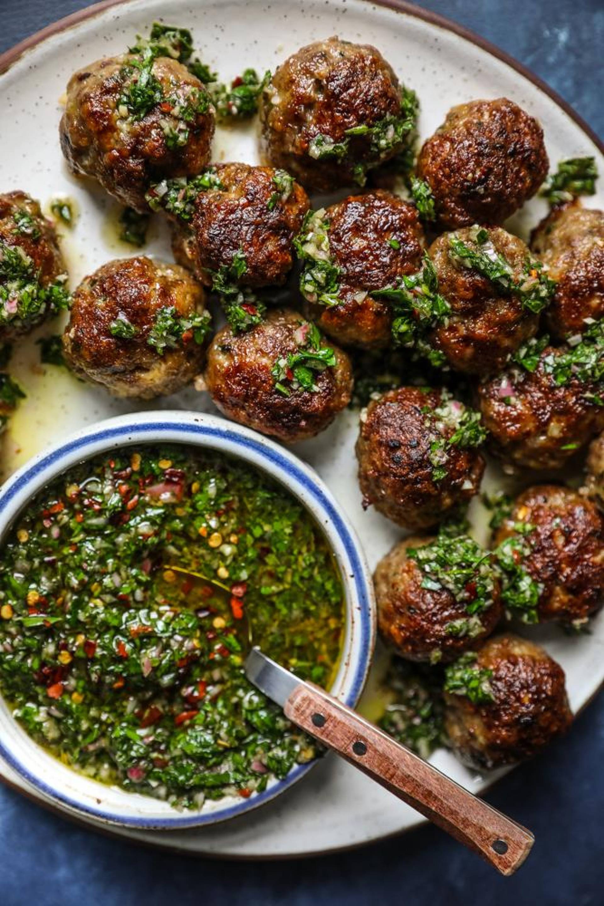 Chimichurri Beef Meatballs [Roasted Sweet Potato]