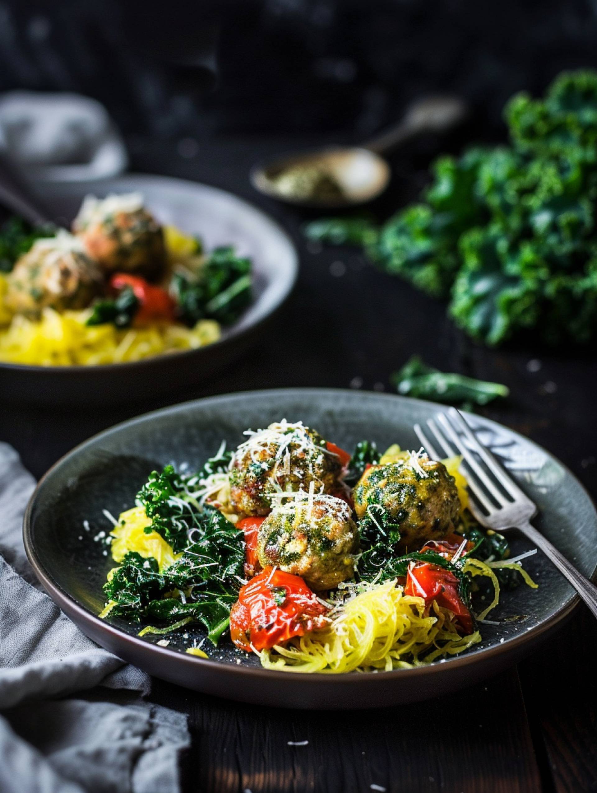 Pesto Turkey Meatballs [Spaghetti Squash]