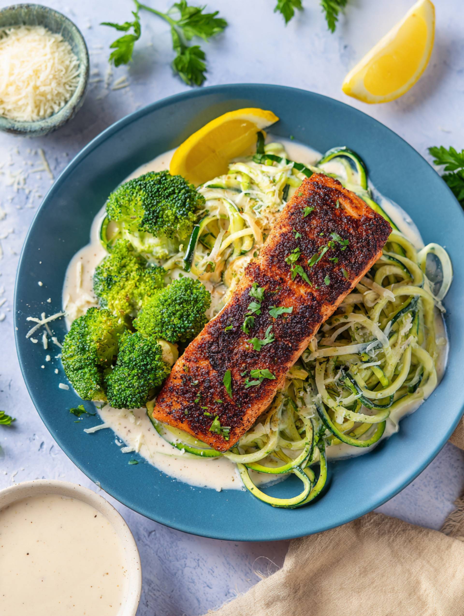 Blackened Salmon Alfredo [Zoodles]